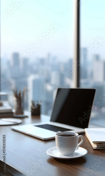 Obraz Serene workspace overlooking the city with laptop coffee and books creating a productive atmosphere calm and inviting