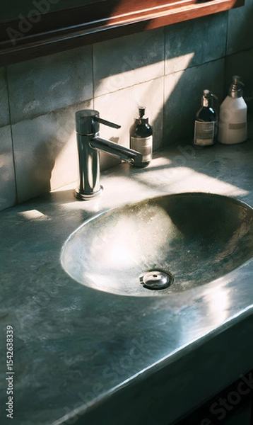 Obraz Sunlight streams across a modern bathroom vanity creating shadows and highlights on sink and bottles design