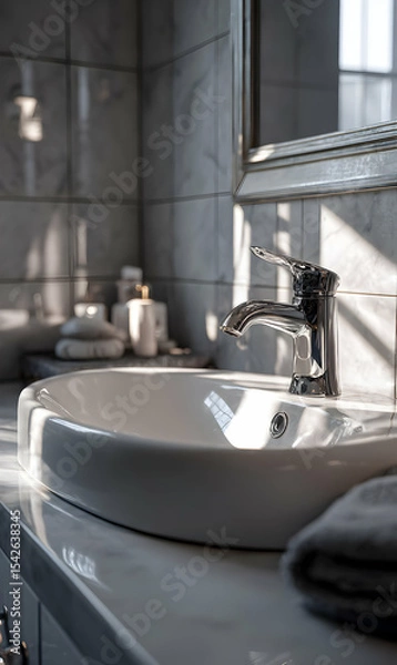 Obraz Elegant bathroom interior featuring a modern white sink illuminated by natural sunlight creating a serene atmosphere