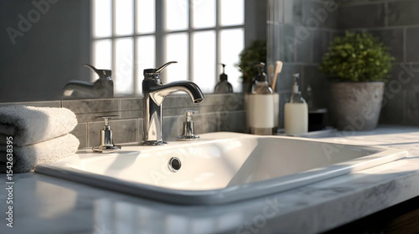 Obraz Elegant bathroom sink with chrome faucet on marble countertop with stacked towels and plant in background