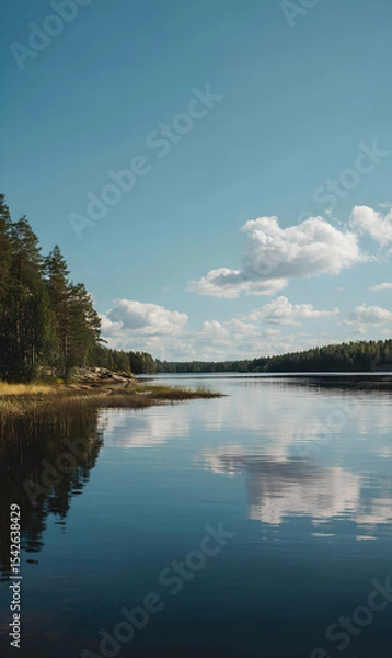 Obraz Tranquil lake reflects the expansive sky dotted with clouds bordered by dense trees serenity scene