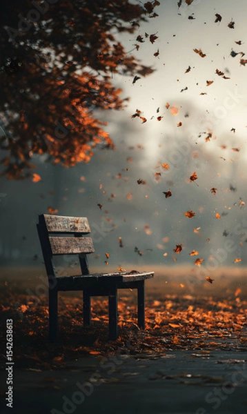 Obraz Autumn serenity a solitary bench amidst falling leaves evokes peace and contemplation in nature's embrace
