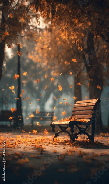 Obraz Autumnal Serenity A Park Bench Under a Canopy of Falling Leaves Embracing the Beauty of the Season