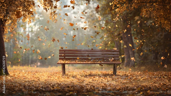 Obraz Autumnal serenity a tranquil park bench scene under a canopy of falling golden leaves delight