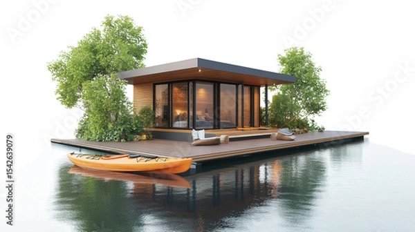 Fototapeta Floating water villa with dock and kayak concept Transparent background, PNG file