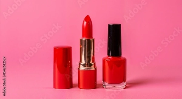 Fototapeta red  lipstick and red nail polish isolated on pink colored solid background 