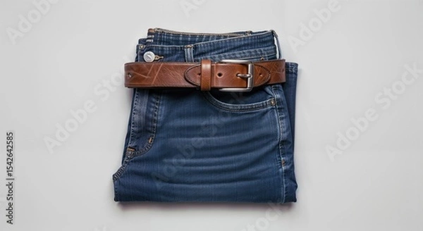 Fototapeta blue jeans with a belt isolated on light gray background 