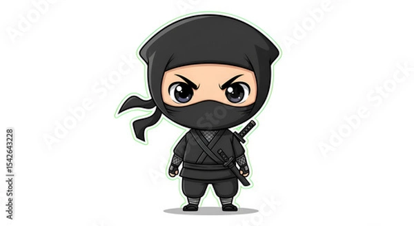 Fototapeta Centered chibi ninja character in black suit with a small sword, white background, kids comic style