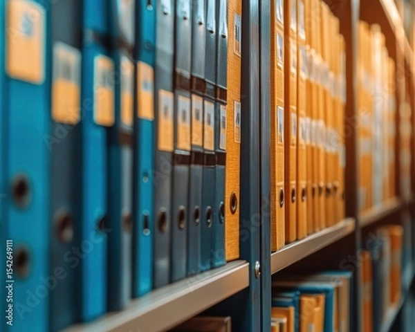 Fototapeta Close-up view of neatly organized blue and yellow office binders lined up on metal shelves in a well-lit storage or archive room