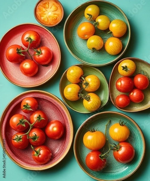 Fototapeta Variety of fresh red and yellow tomatoes arranged on colorful ceramic plates against a turquoise background, showcasing vibrant colors and natural textures