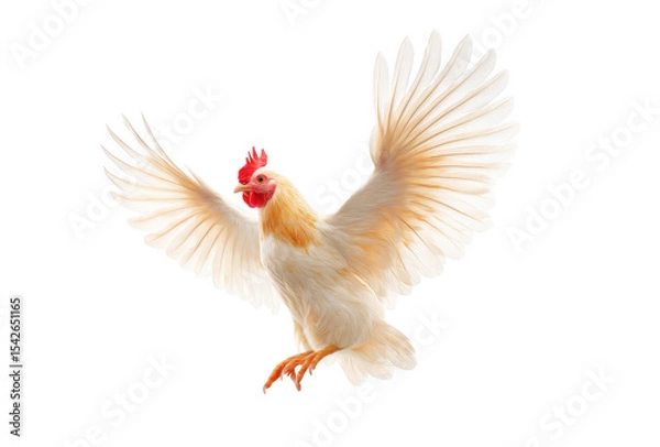 Fototapeta A majestic white chicken with golden feathers soaring gracefully against a bright white background. capturing the essence of freedom and vitality in a serene moment