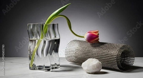 Obraz Arrangement of Tulip Flower In Water Vase With Decorative Stone Cylinder And White Pebble For Interior Design