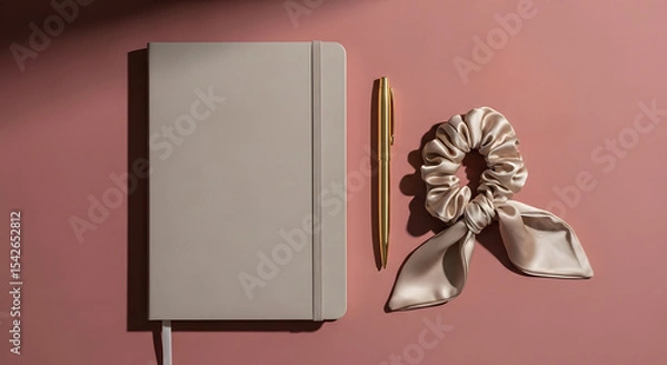 Obraz Minimalist Workspace with Planner Pen Scrunchie and Wireless Earbuds for Increased Productivity and Organization in Everyday Life Tasks