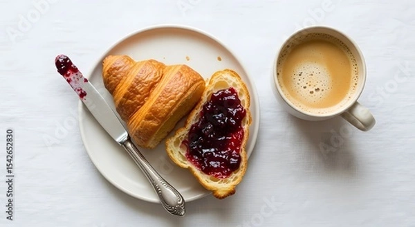 Obraz Delicious Breakfast Scene with Fresh Croissant Jam and Coffee Flat Lay Generative AI Delicious Pastry Presentation