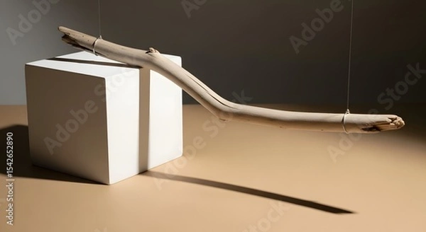 Obraz Minimalist Composition Featuring a Wooden Branch Suspended Above a White Cube in a Studio Setting with Soft Light