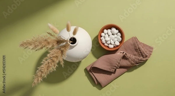Obraz Minimalist Still Life with Earth Tones and Natural Textures A Serene Composition of Dried Grass Stones and Linen