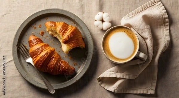 Obraz A Morning Still Life Featuring Freshly Baked Croissants Next to a Cup of Creamy Latte for Breakfast