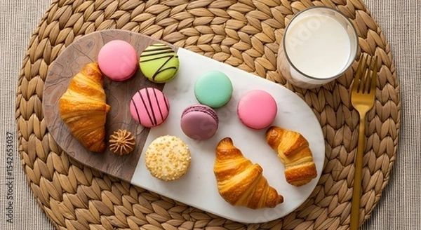 Obraz Delightful Pastries and Creamy Milk a Culinary Still Life Displaying Macarons Croissants and a Refreshing Glass of Milk Elegantly Presented