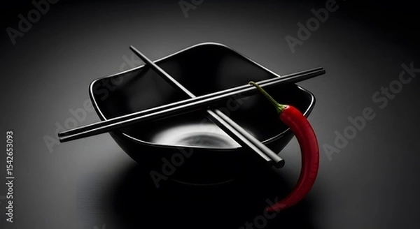 Obraz Minimalist Black Bowl with Chopsticks and Red Chili Pepper An AI Generated Artistic Still Life Composition with Dramatic Lighting
