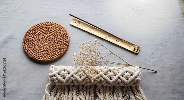Obraz Bohemian Rattan and Macrame Home Decor Flat Lay with Linen Fabric and Golden Accents An Artful Aesthetic Arrangement