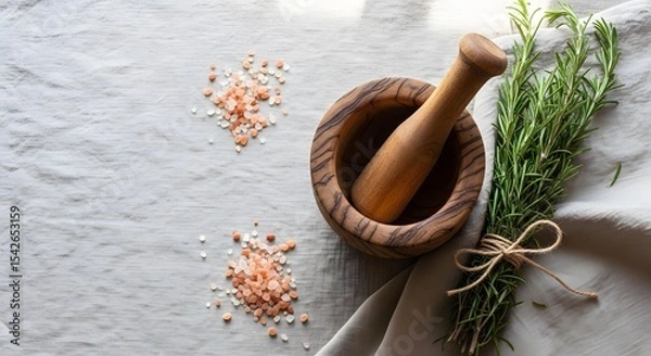 Obraz Natural Ingredient Alchemy A Captivating Still Life of Herbs Salt and Mortar AI Generated
