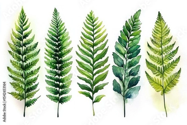 Fototapeta Five green fern leaves painted in watercolor, each with different shapes and shades of green on a white background, evoking natural beauty and serenity