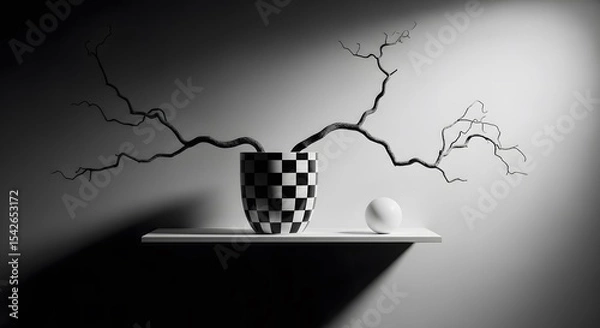 Obraz Dramatic Still Life A Checkerboard Vase with Branches and a Sphere on a Shelf AI Generated Composition
