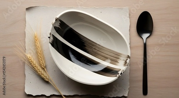 Obraz Rustic Ceramic Bowl With Artistic Brush Strokes And a Spoon Resting on Paper: A Study in Natural Still Life