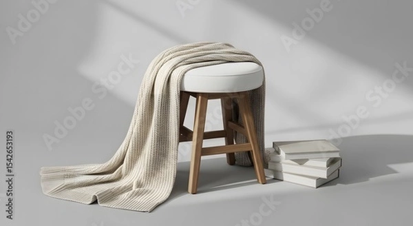 Obraz Elegant Wooden Stool with Plush White Cushion and Cozy Blanket a Warm and Inviting Display Piece for Modern Interiors
