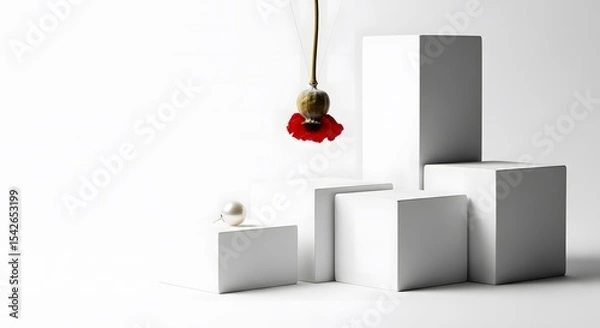 Obraz Minimalist Still Life with White Cubes and Red Flower a Study in Simplicity and Elegance of Form and Color