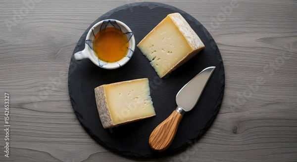 Obraz Artisan Cheese Platter with Honey and Knife on Dark Slate Background Delicious Food Preparation and Healthy Eating AI Generated