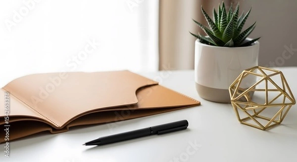 Obraz Minimalist Workspace with Notebook Pen and Succulent Plant Cultivating Focus Productivity and a Peaceful Working Environment at Home