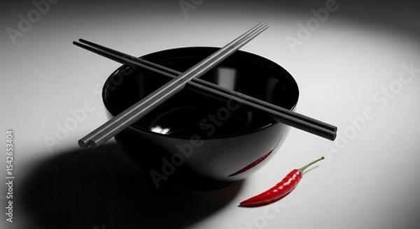 Obraz Elegant Black Bowl with Chopsticks and a Red Chili Pepper on a White Surface Creating Shadows, An Ai Rendered Image