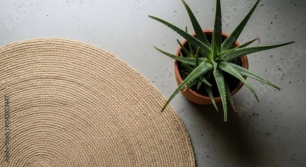 Obraz A Woven Jute Rug and a Potted Aloe Plant on a Modern Gray Concrete Background Showcasing Minimalist Decor and Natural Elements