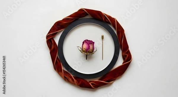 Obraz A Harmonious Composition of Velvet Ribbon a Ceramic Plate a Rose and an Antique Spoon A Study in Contrast