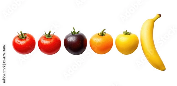 Obraz A vibrant arrangement of fresh tomatoes. a banana. and colorful fruits on a clean white background. showcasing the variety and beauty of natural produce for culinary use