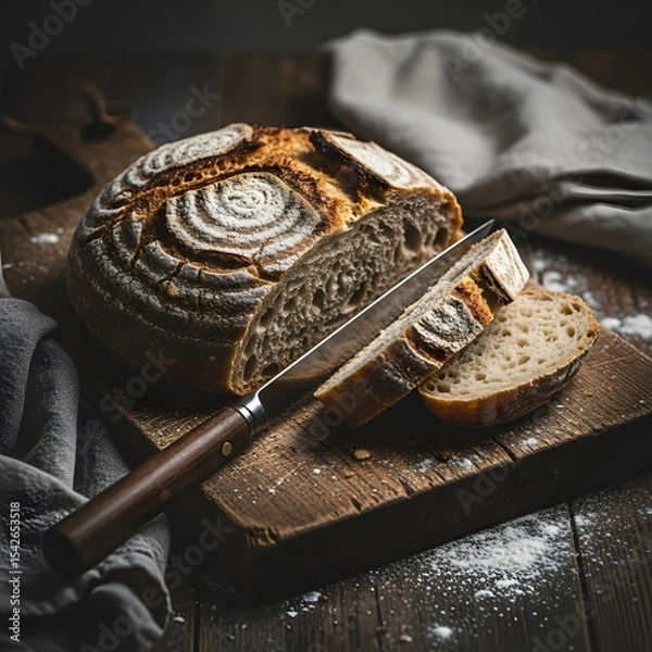 Obraz Artisan Sourdough Bread A Culinary Masterpiece of Homemade Freshness and Rustic Charm A Beautiful Loaf on a Wooden Board AI Generated