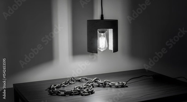Obraz Artistic Monochrome Composition Featuring a Hanging Lightbulb Chain on a Table Creates a Minimalist and Thought Provoking Ai Generated Aesthetic