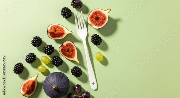 Obraz A Symphony of Flavors A Culinary Composition Featuring Figs Blackberries and Grapes Arranged on a Serene Light Green Canvas