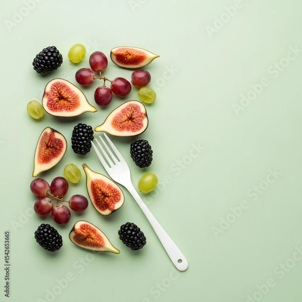 Obraz A Delightful Arrangement of Figs, Grapes, and Blackberries Presented on a Light Green Surface with a Minimalist Fork