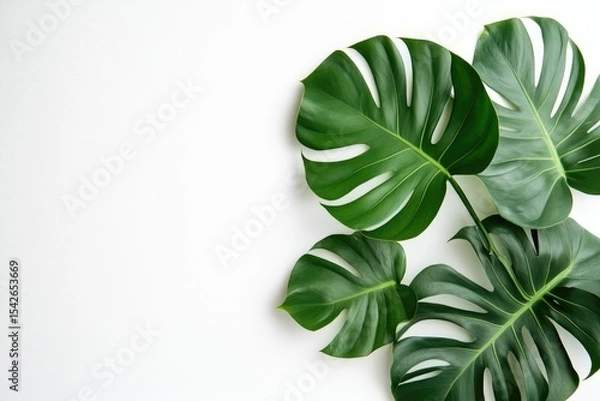 Fototapeta Photo of a few green leaves on a white background, in a flat lay style. Web banner with copy space on the right. --ar 3:2 --v 6.1 Job ID: 42980e49-371a-40a1-a0e1-28e5155bc627