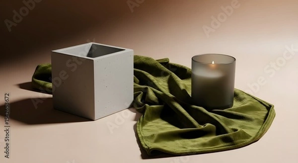 Obraz Minimalist Home Decor Arrangement with Square Planter Candle and Green Fabric in Soft Lighting a Serene and Stylish Scene