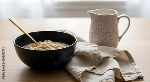 Obraz Hearty and Healthy Oatmeal Breakfast A Simple and Nutritious Start to Your Day with Creamy Oats and Warm Milk