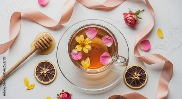 Obraz A Gentle Touch of Roses Aromatic Tea Infusion for Relaxation and Calm Floral Tea with Dried Fruits Honey and Ribbons