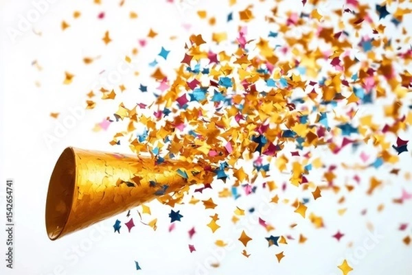 Fototapeta golden party popper exploding with colorful star and diamond shaped confetti against white background conveying celebration and joy