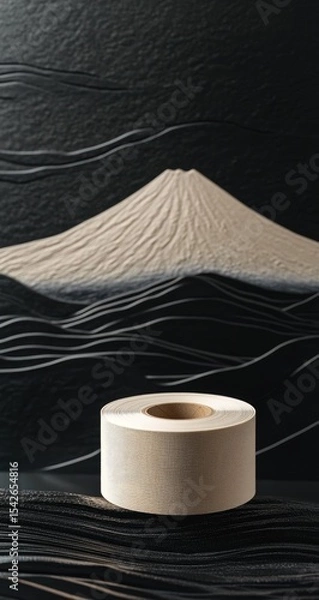 Fototapeta Toilet paper roll against a black backdrop with a stylized mountain range