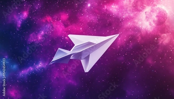Fototapeta Paper airplane in vibrant cosmic nebula