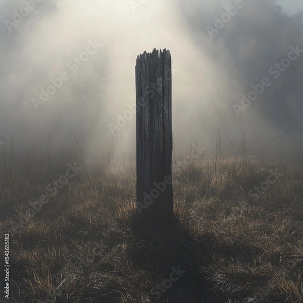 Fototapeta Foggy field, weathered post