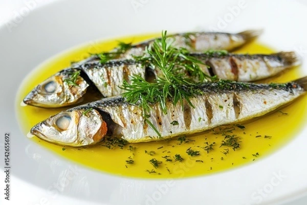 Fototapeta Photo of Marinated sardines on white plate, olive oil and herbs on top , solid stark white background, focused lighting --ar 3:2 --v 6.1 Job ID: 96ed1273-b98d-4654-82c1-372d987cf607