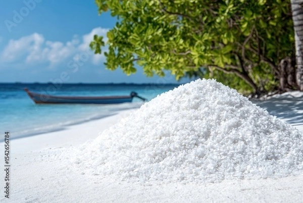 Fototapeta Photograph of a white sandy beach with trees and a boat on the left side, a clear blue sky. Maldives. --ar 3:2 --v 6.1 Job ID: f9c6d720-e5c1-464f-815f-ed43daef0014